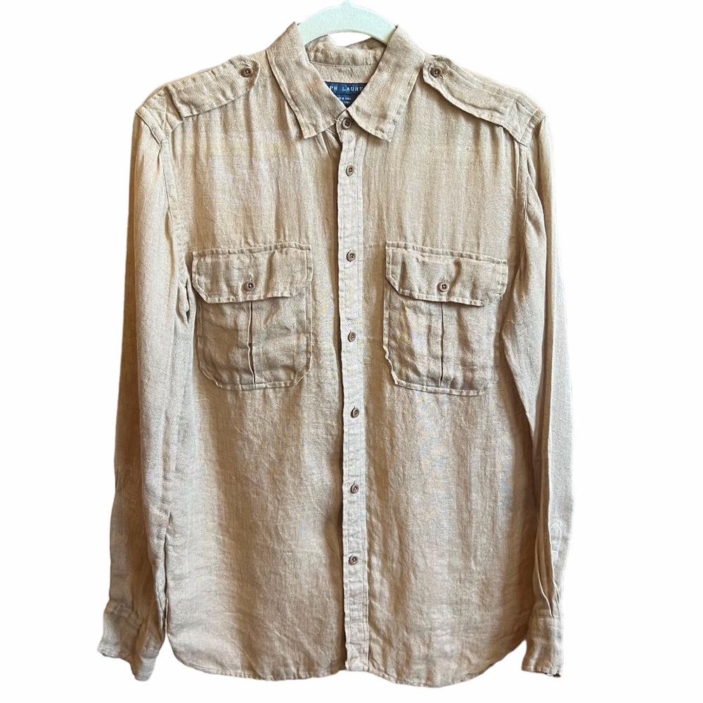 Ralph Lauren 100% Linen Tan Long Sleeve Button Down Women's Shirt Size 6